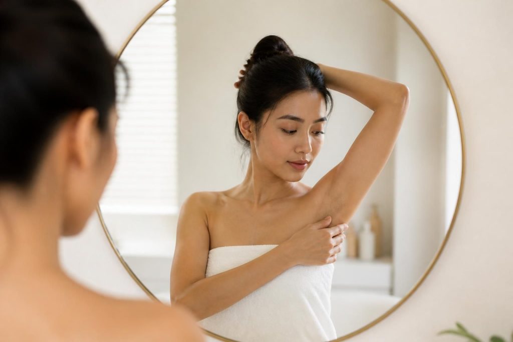 Ketiak gelap akibat antiperspirant, perempuan memeriksa kulit ketiak di depan cermin